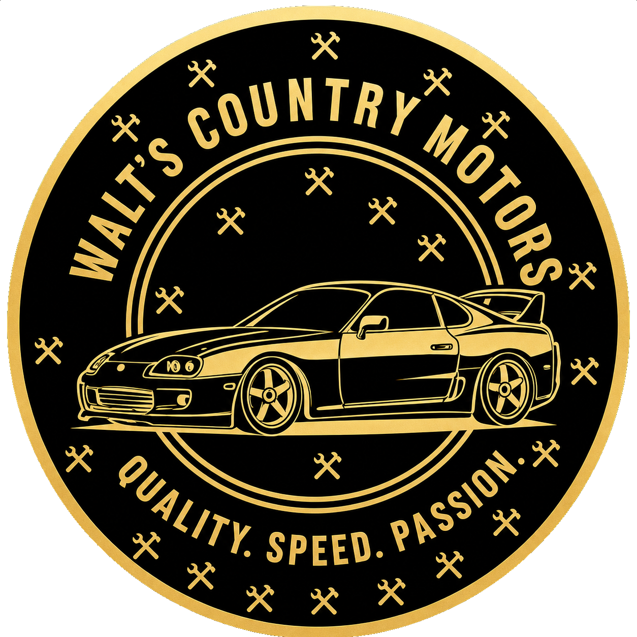 Walt’s Country Motors logo with a black-and-gold classic sports car and the text “QUALITY, SPEED, PASSION”
