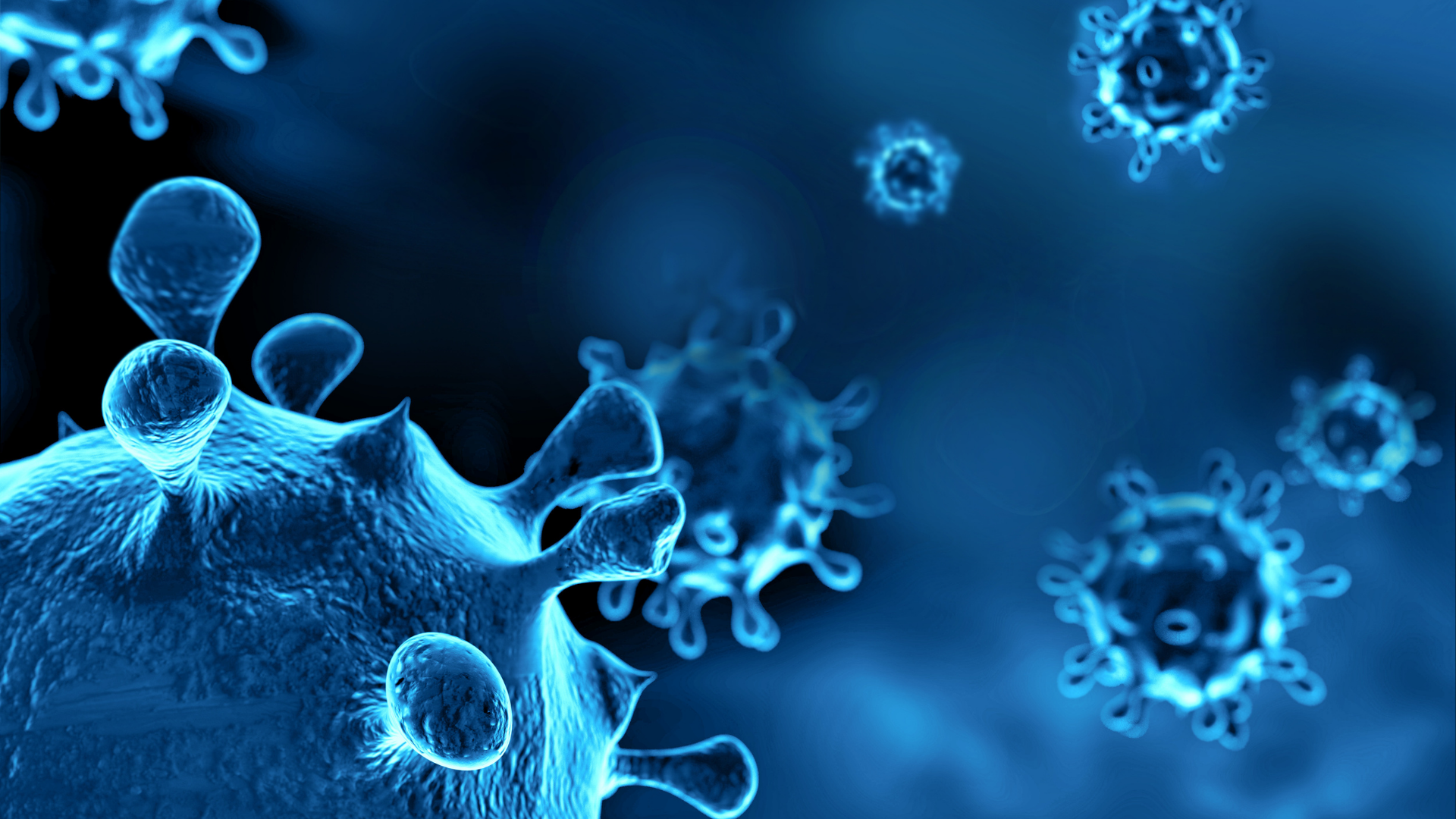 A computer generated image of a virus on a blue background.
