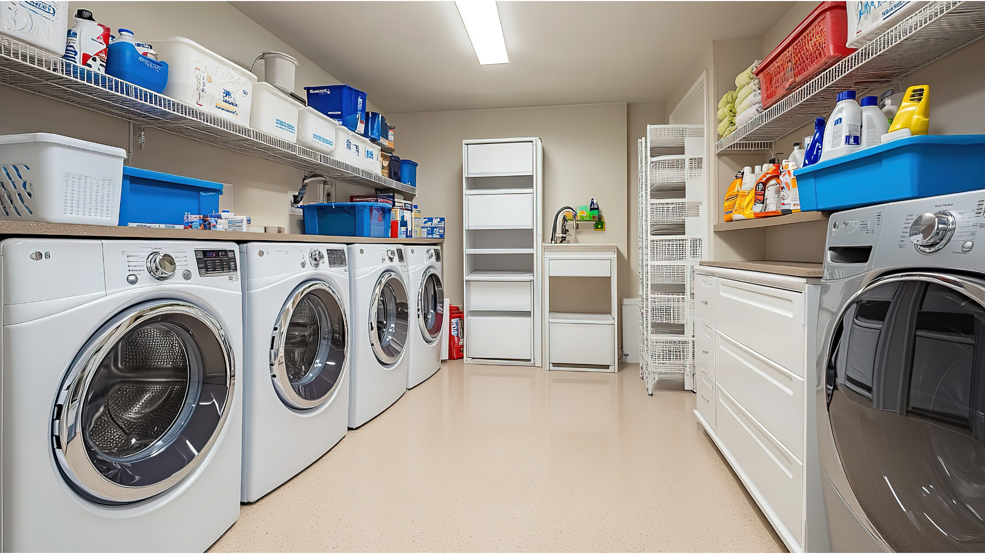 Laundry room with multiple washing machines, shelves of supplies, and white cabinets.