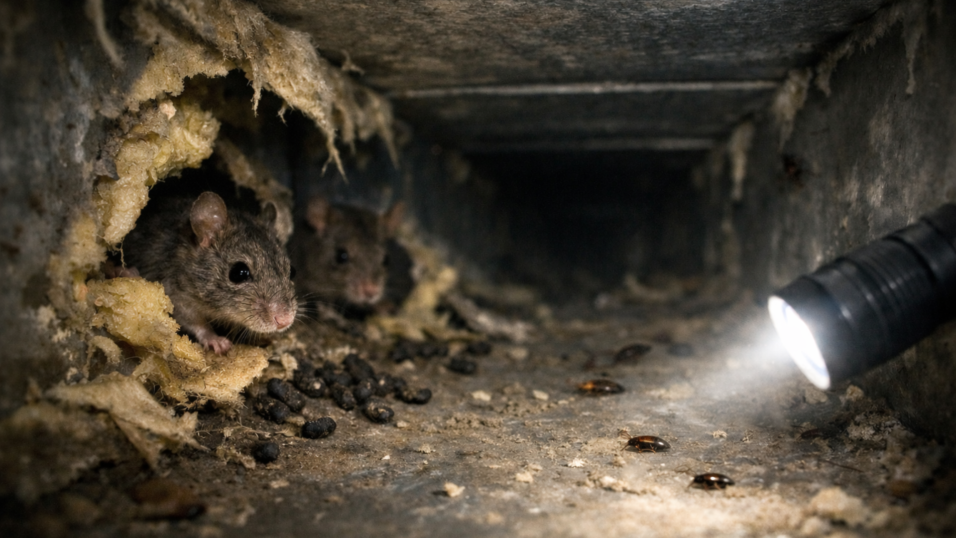 Two mice in a duct, illuminated by a flashlight. Feces and debris are visible.