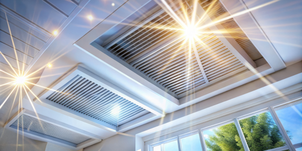 The sun is shining through the air vents in the ceiling of a room.