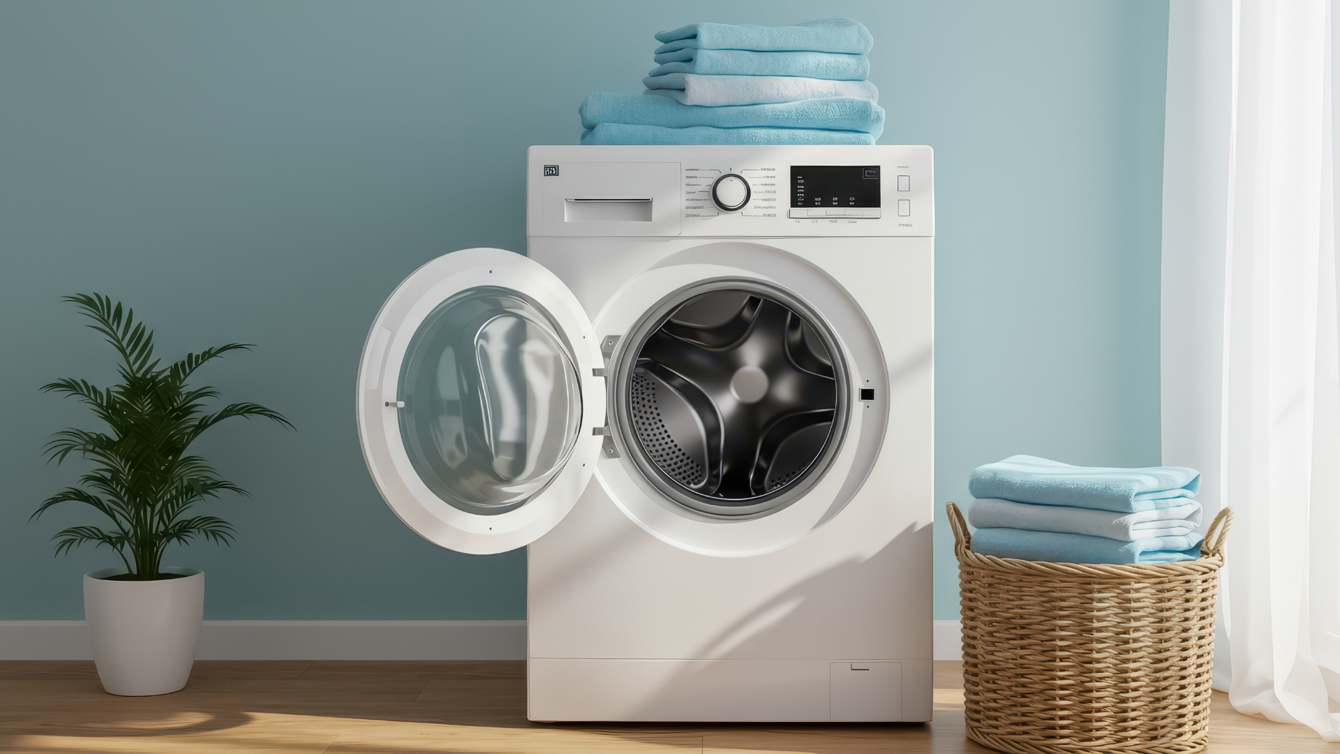 A dryer is sitting in a laundry room next to a basket of towels.