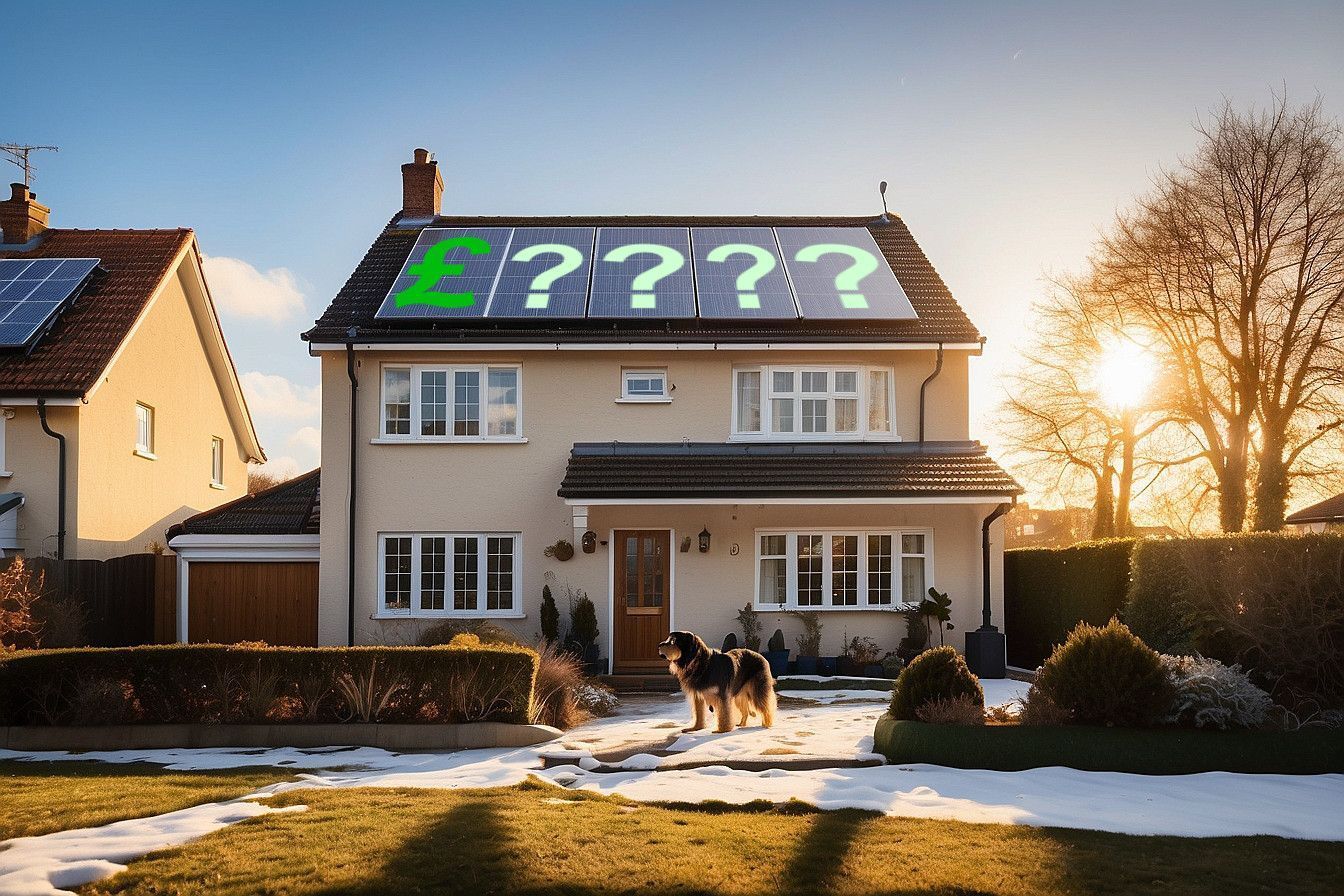 a house with solar panels on the roof  with cost sign in £  .