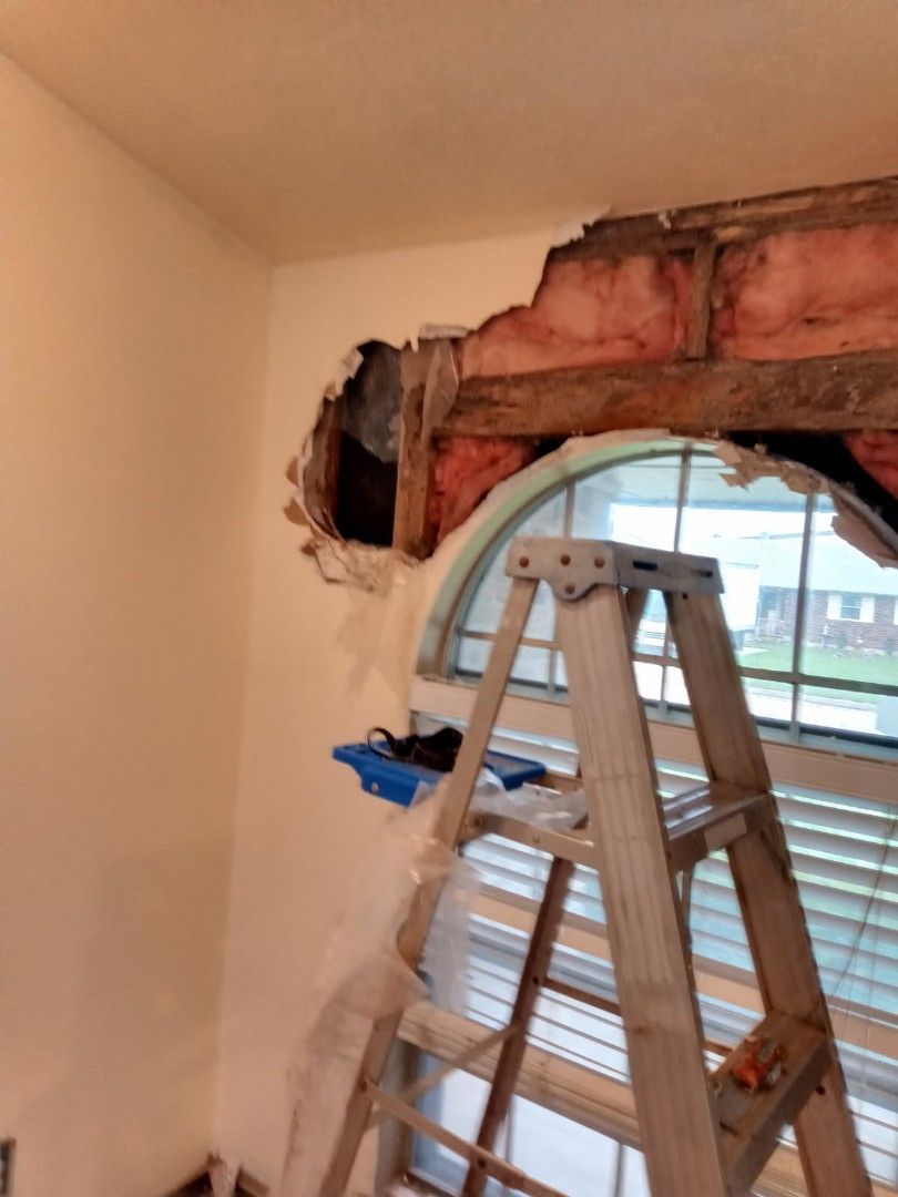 Interior wall damage exposing wood and insulation near a window; ladder present.