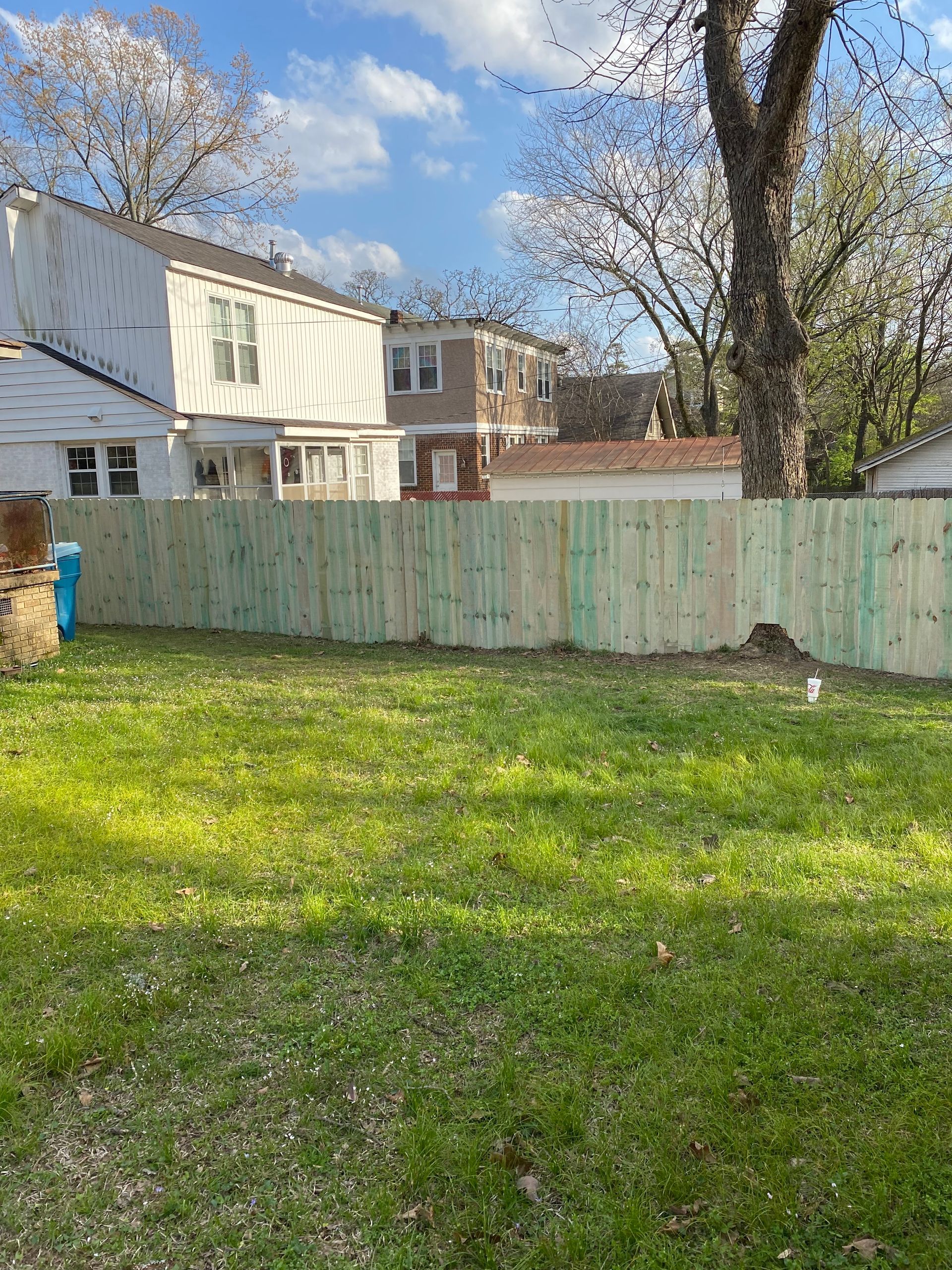 Backyard with a new wooden fence, grass, and houses in the background under a blue sky.