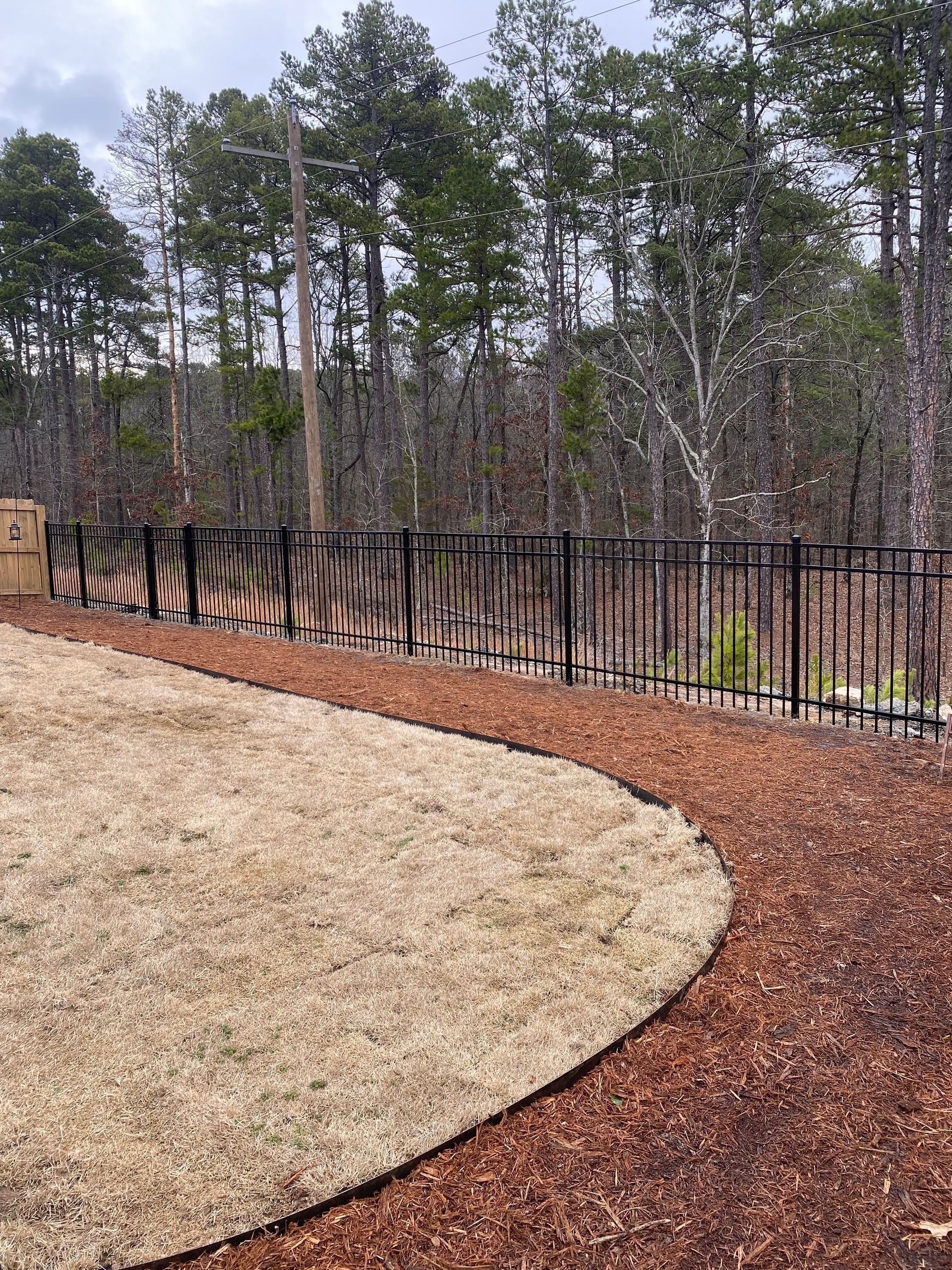 A backyard with a brown mulch border surrounding a lawn, with a black fence and trees in the background.