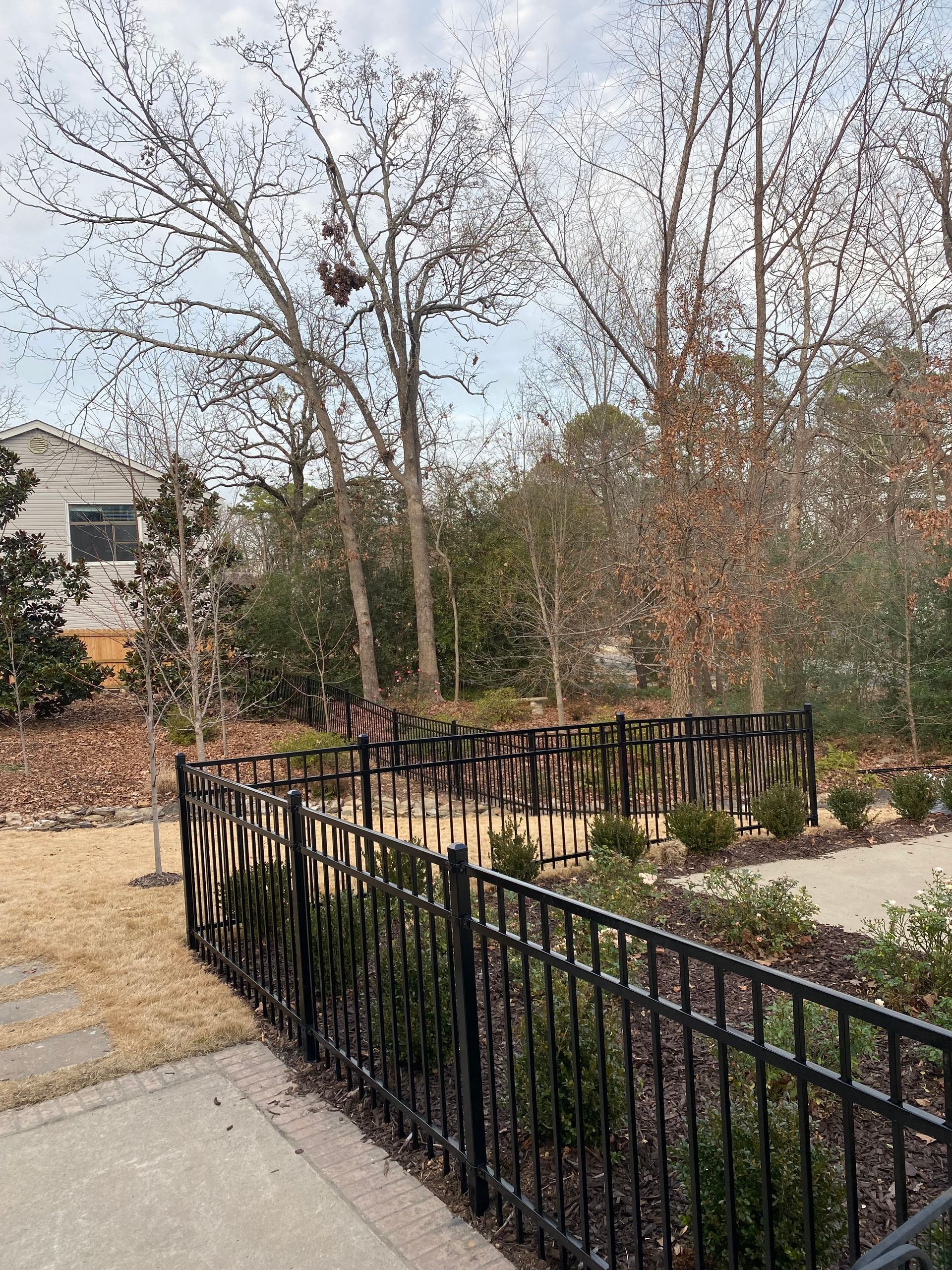 Black metal fence encloses a small garden with sparse bushes, trees in background.