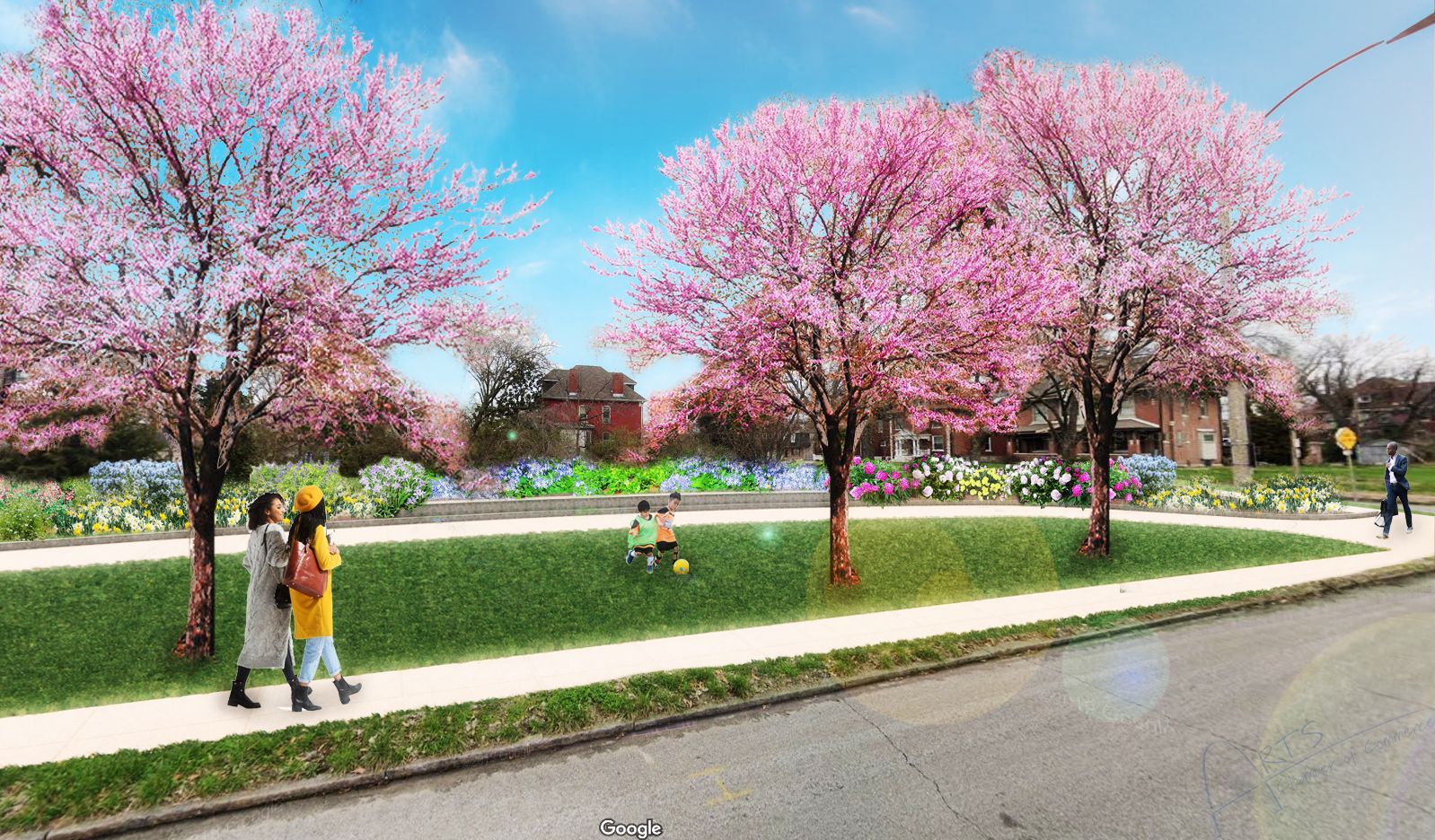 A group of people are walking down a sidewalk in a park with cherry blossom trees.