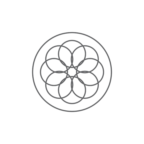 A black and white drawing of a flower in a circle on a white background.