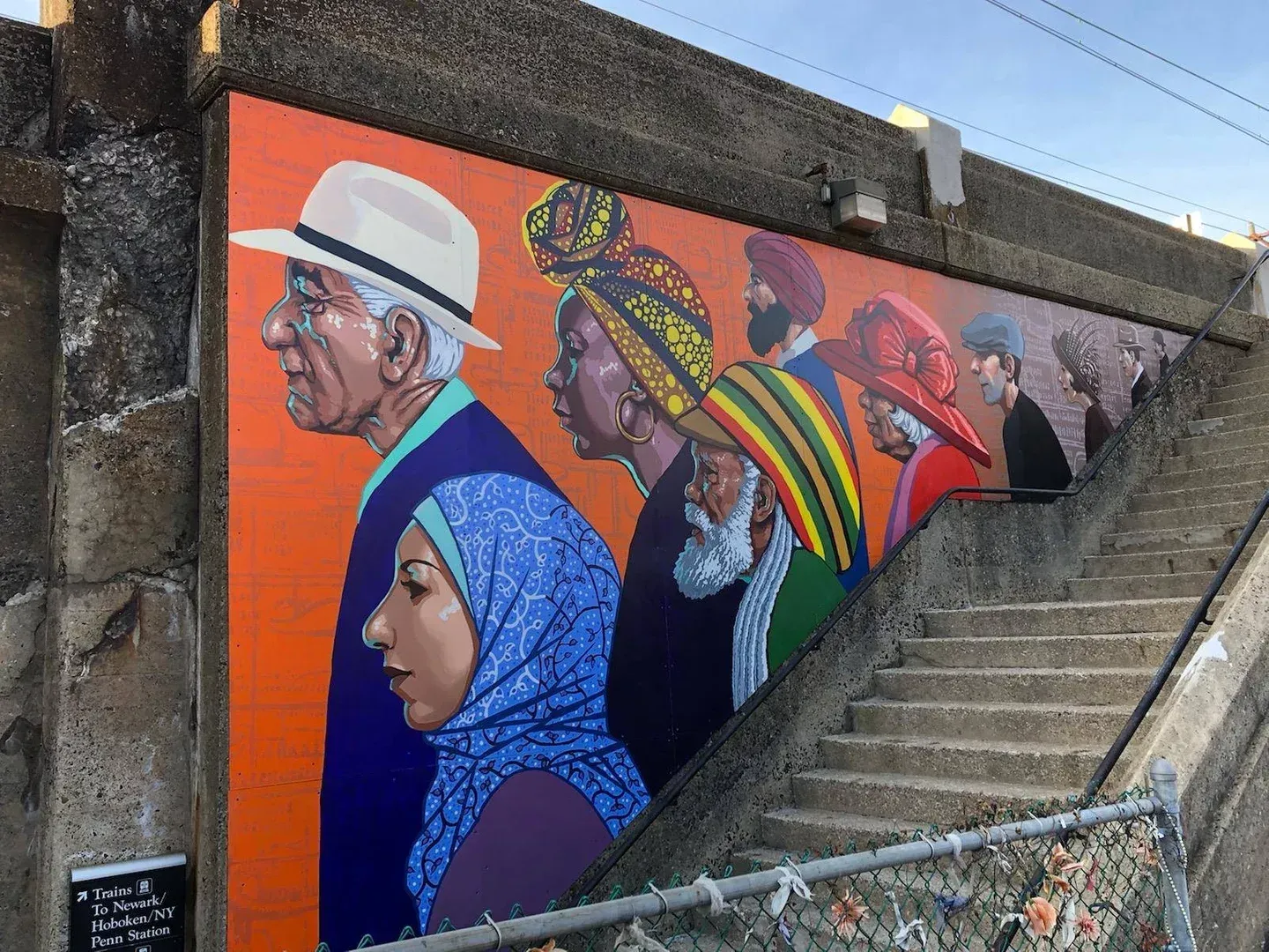 A mural of a group of people standing next to each other on a wall next to stairs.