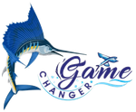 A blue sailfish leaping over the words "Game Changer," with a small fish flying above the text.