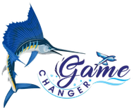 A blue sailfish leaping over the words 