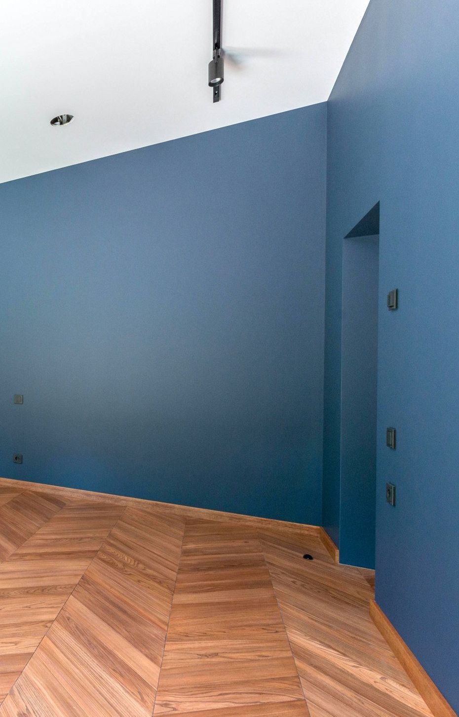 Room interior with herringbone wood floor, deep blue walls, and a white ceiling. A doorway and track lighting are visible.