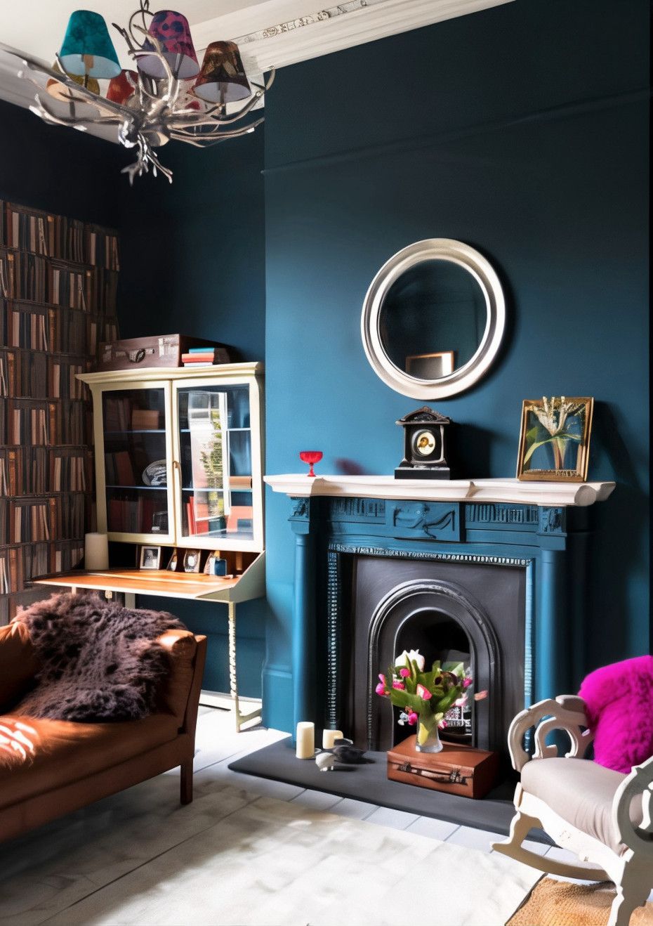 Cozy room with dark blue walls, a fireplace, and a vintage bookshelf. Leather couch and armchair with colorful accents.