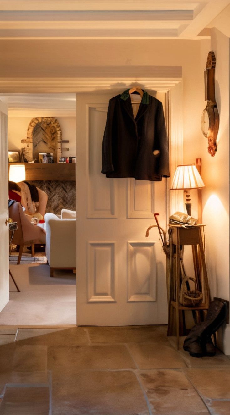 Hallway with a jacket hanging on a door, leading to a living room with a fireplace. A lamp and boots sit nearby.