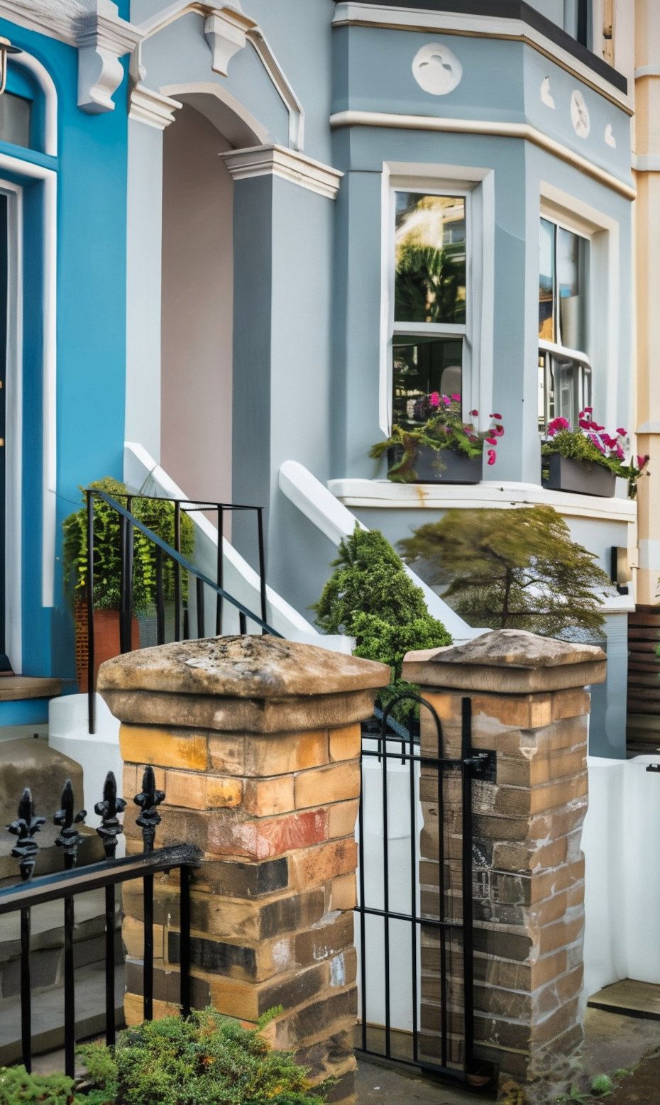 Colorful row house with brick pillars, black iron gate, and steps leading to a light blue and gray facade with window boxes.
