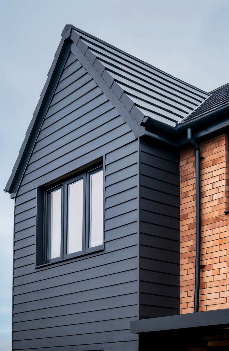 Dark gray siding on a gabled house with a window and brick exterior visible. Gray roof and gutters.
