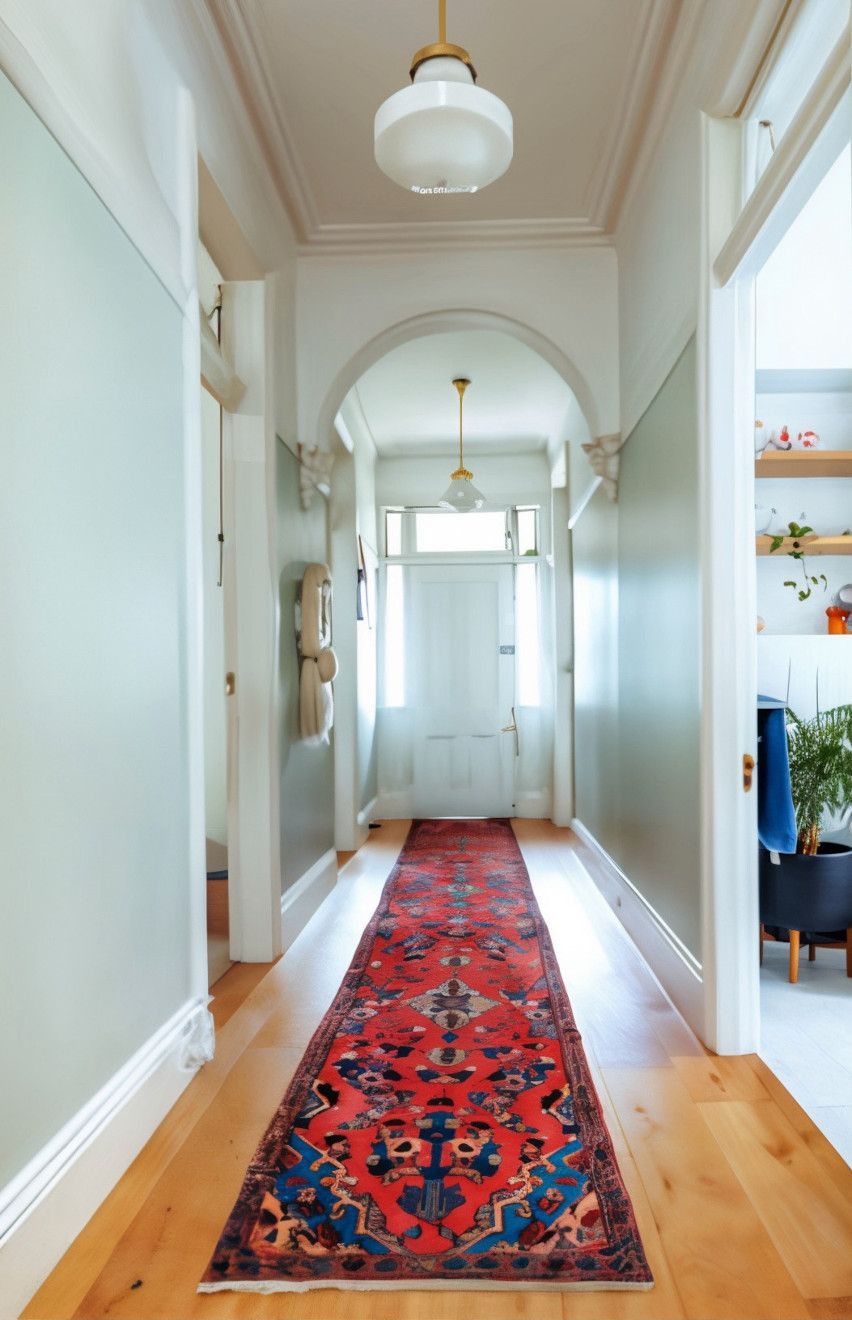 Long hallway with a red and blue patterned rug, flanked by white walls and doorways.
