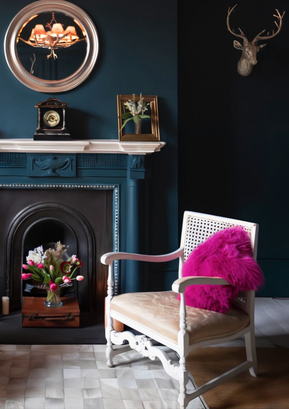 A cozy room with a teal fireplace, vintage chair, and a pink cushion. A deer head hangs on the black wall.