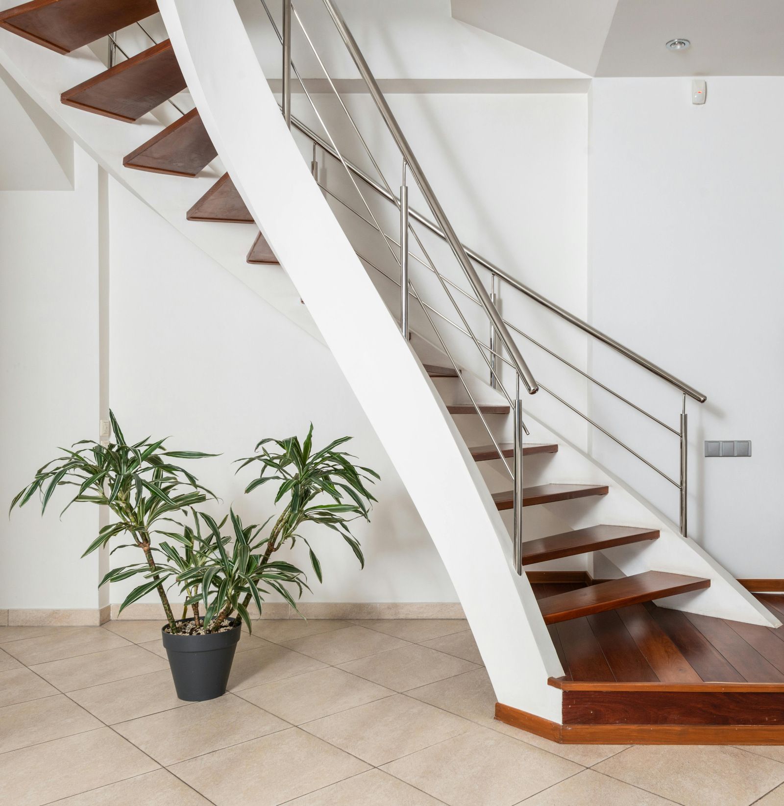 Staircase with dark wooden steps, white curved support, and stainless steel railing. Potted plant sits on the floor below.