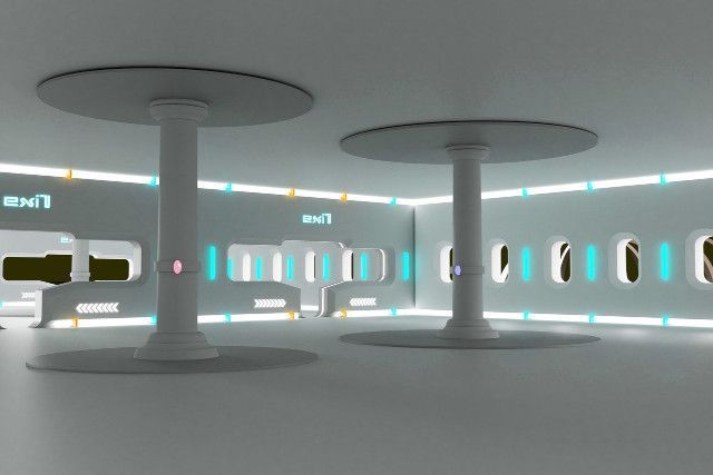 Modern transit facility with time display and controlled access