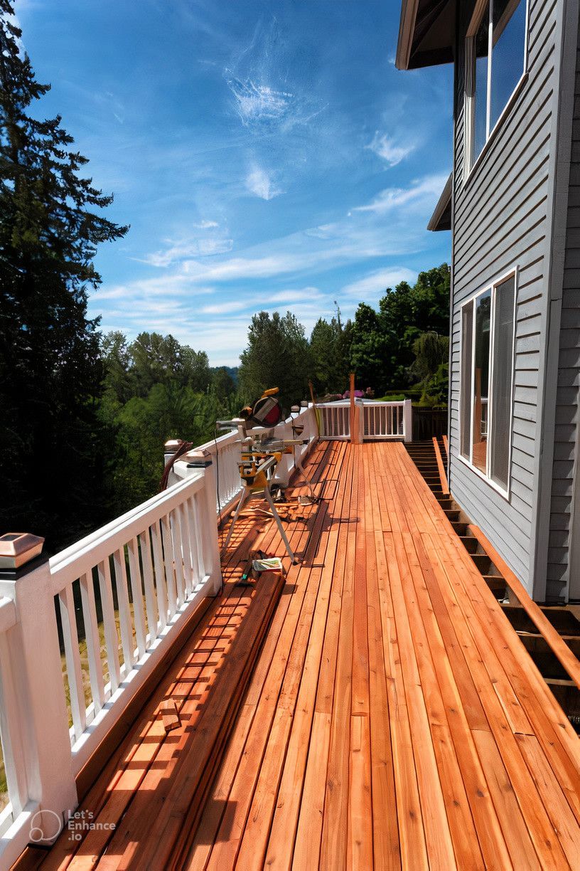 A large wooden deck with a white railing and a house in the background