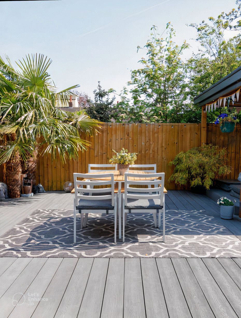 A wooden deck with a table and chairs on it