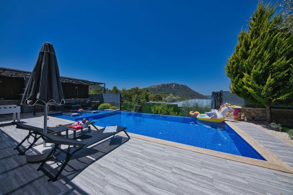 There is a large swimming pool in the backyard of a house.