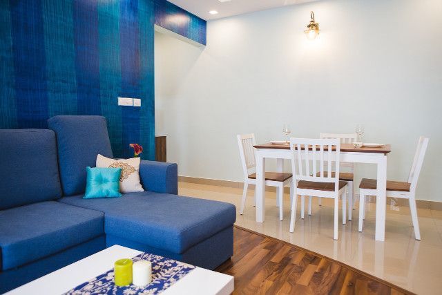 Cozy entertainment room with dining area and ambient lighting
