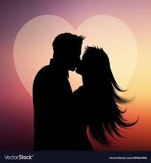 A silhouette of a couple kissing against a gradient sunset background featuring a large, soft-focus heart shape.