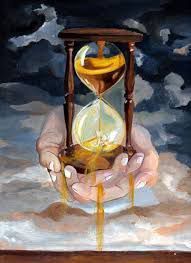 A painting of a person holding a hourglass with sand pouring out of it.
