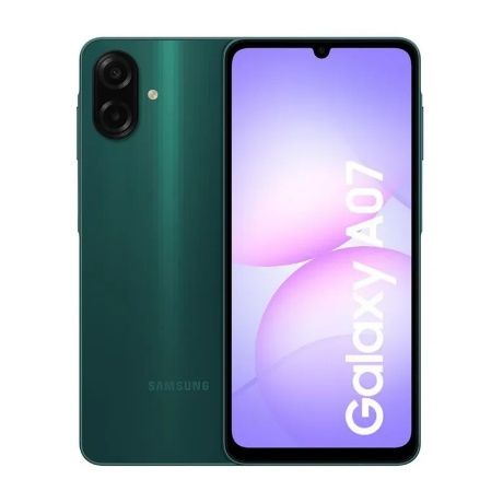 Teléfono inteligente Samsung Galaxy A07 en color verde, vistas frontal y posterior.