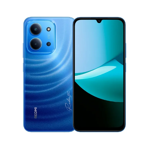 Teléfono inteligente de color azul, parte posterior que muestra dos cámaras, patrón en espiral, pantalla frontal activa.