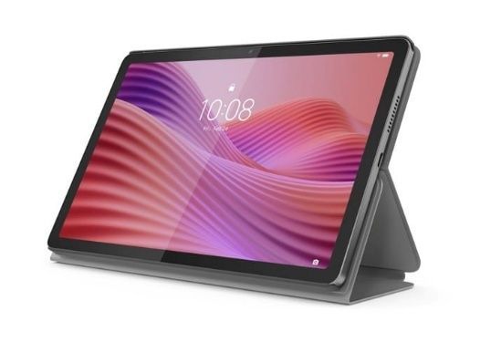Tableta Lenovo gris sobre un soporte gris, que muestra un fondo abstracto rosa y morado.