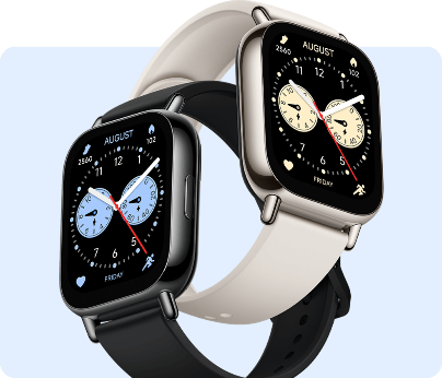 Dos relojes inteligentes con pantallas cuadradas, uno negro y otro blanco, con correas de color claro.