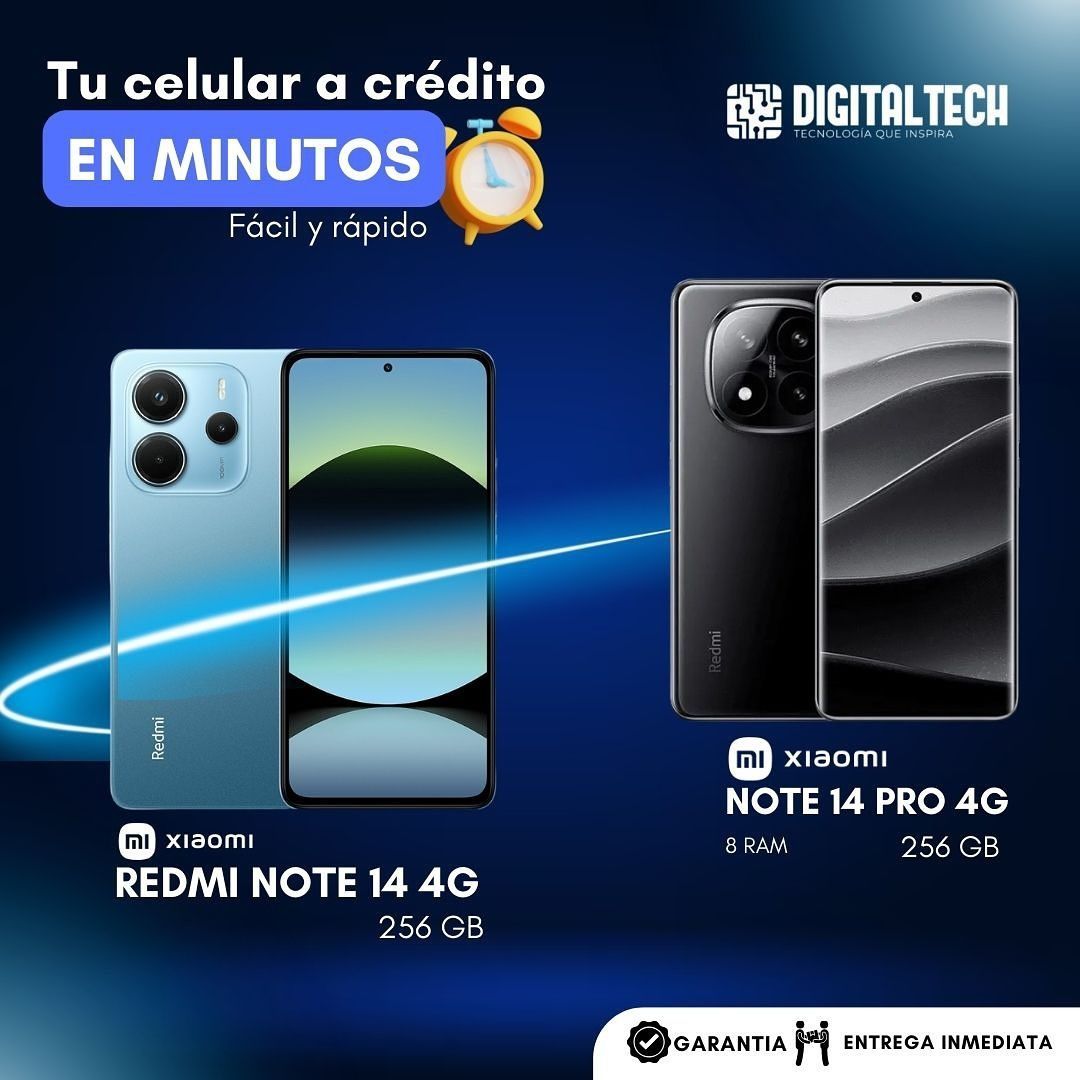 Anuncio de crédito en teléfonos Xiaomi: Redmi Note 14 4G (azul) y Note 14 Pro 4G (negro).