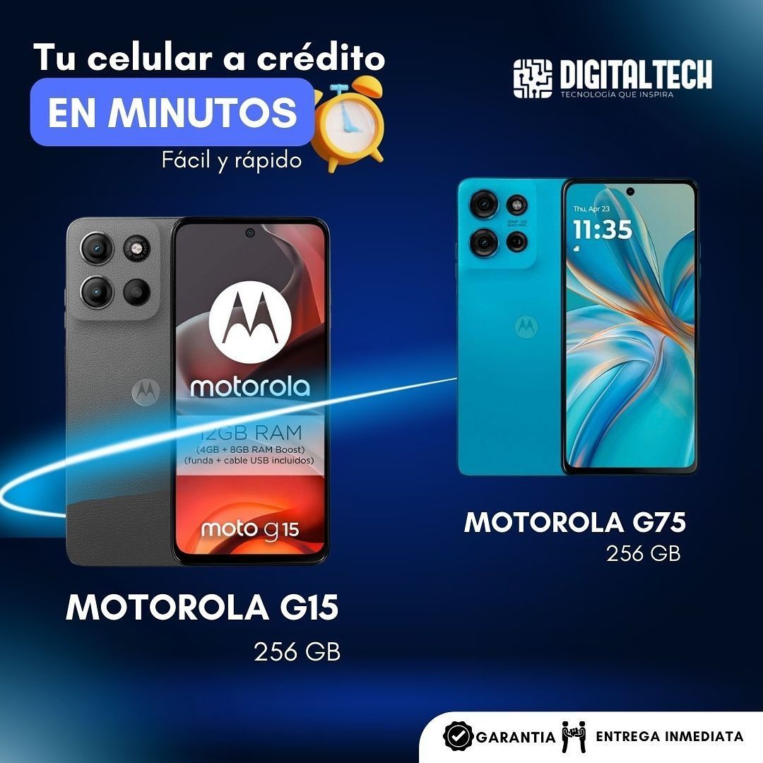 Advertisement for Motorola phones on credit. Shows two phones: G15 and G75. Text: