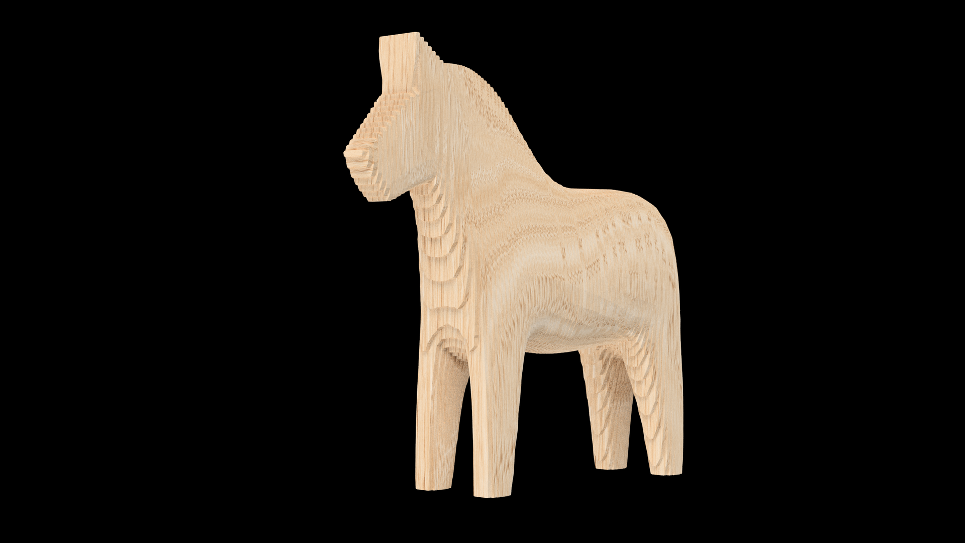 A wooden horse is standing on a black background.