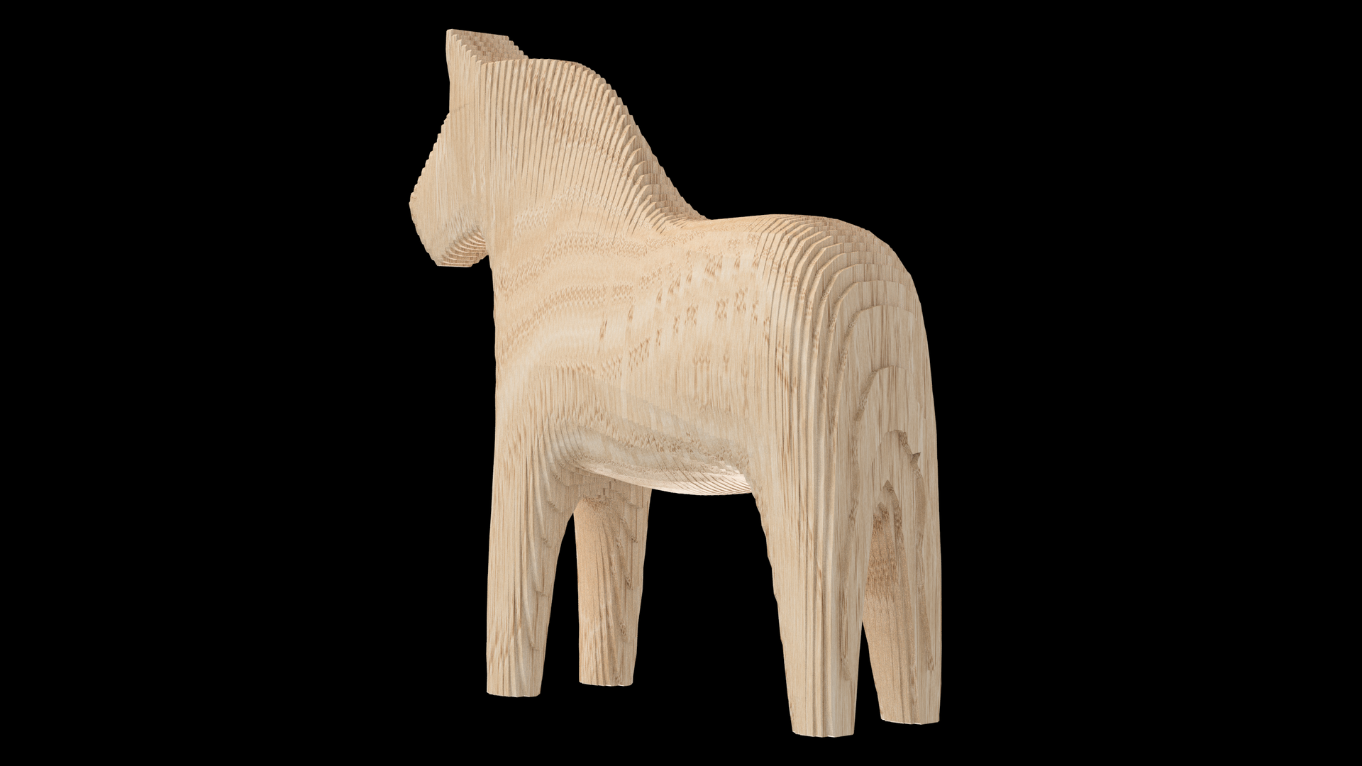 A wooden horse statue is standing on a black background.