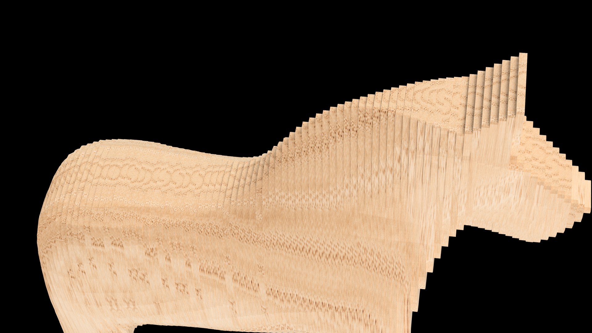 A wooden silhouette of a horse on a black background