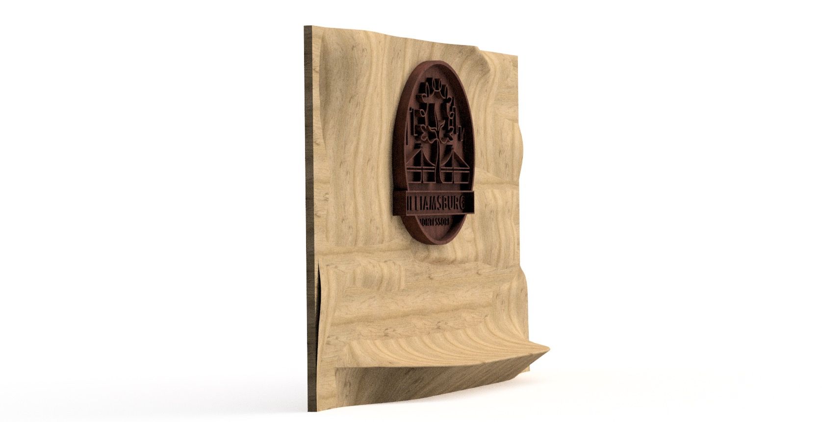 A 3d model of a wooden sign with a logo on it