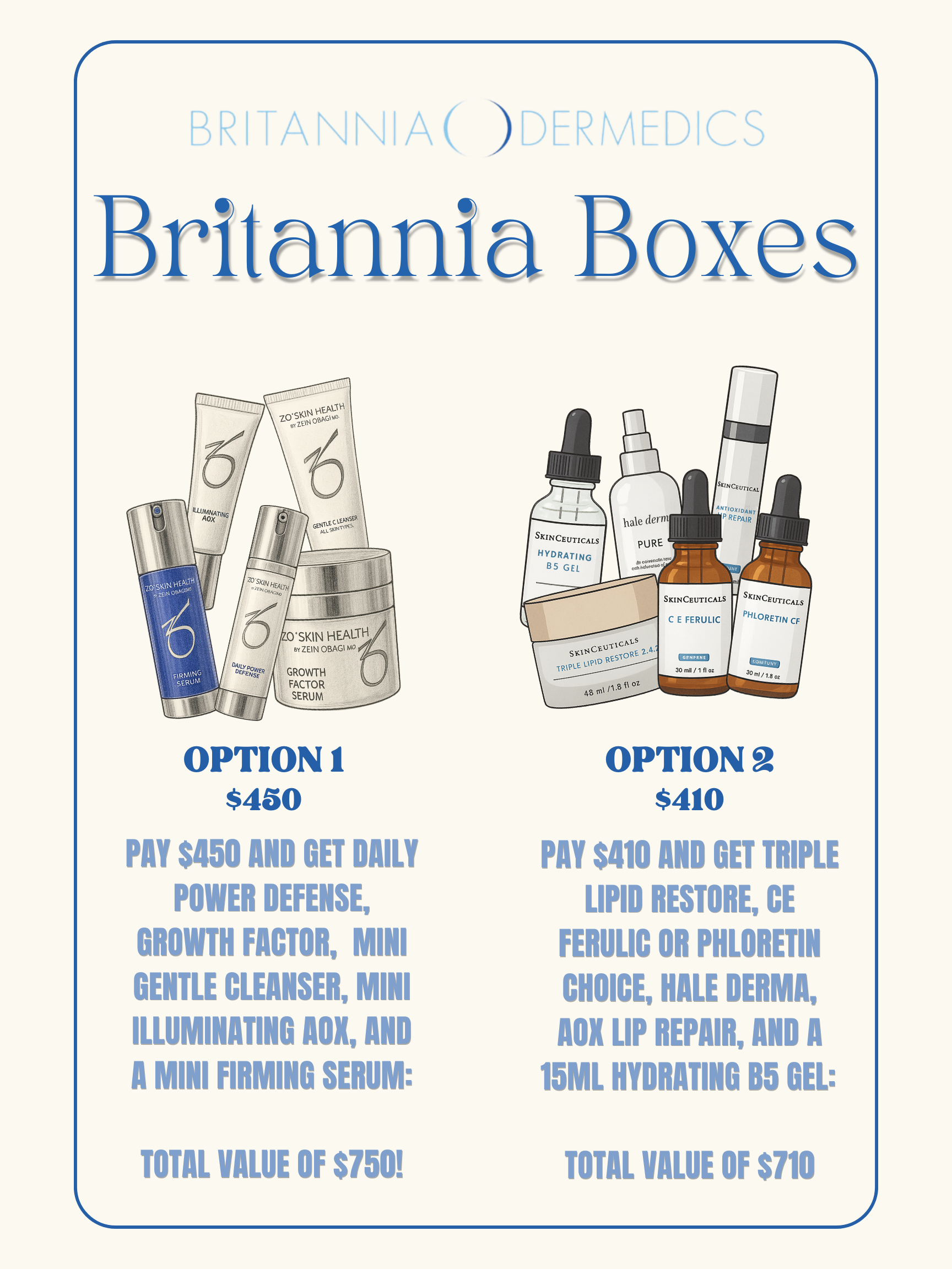 Promotional graphic for Britannia Boxes with Option 1 at $450 and Option 2 at $610, showing skincare products.