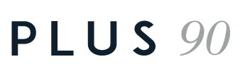 PLUS 90 logo in dark blue and light gray text on a white background