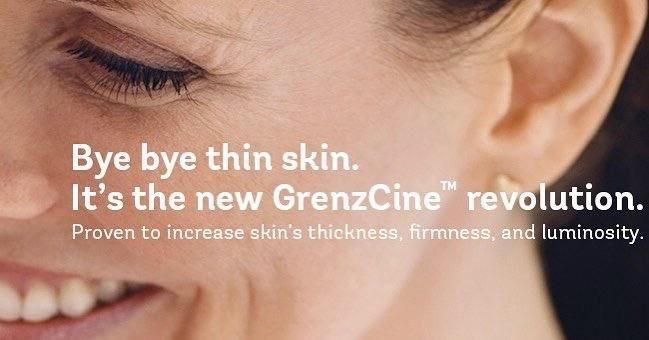 A close up of a woman 's face with the words bye bye thin skin it 's the new grenzcine revolution.