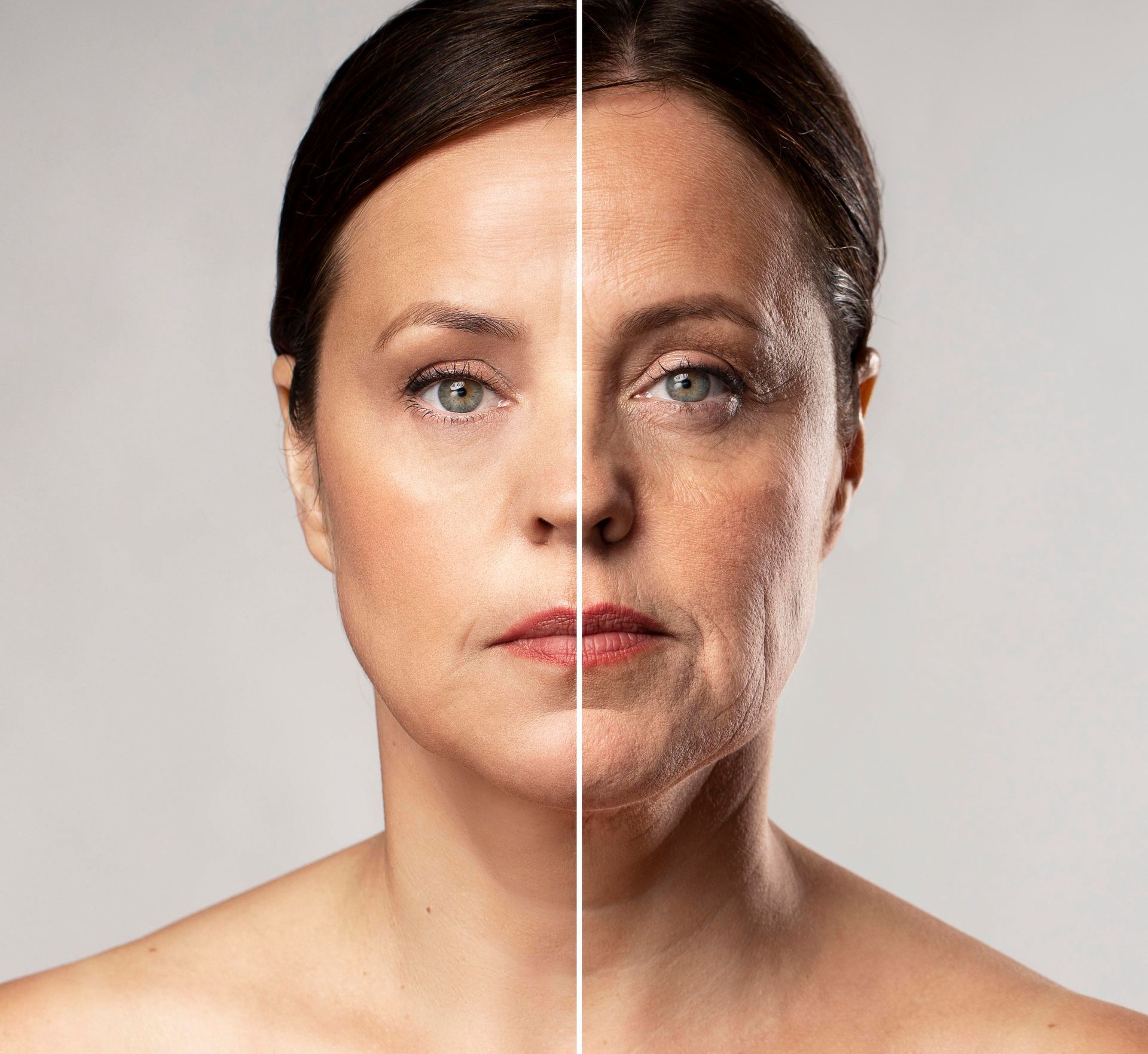A before and after photo of a woman's face.