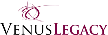 VenusLegacy logo in black and burgundy with a stylized swirling floral mark