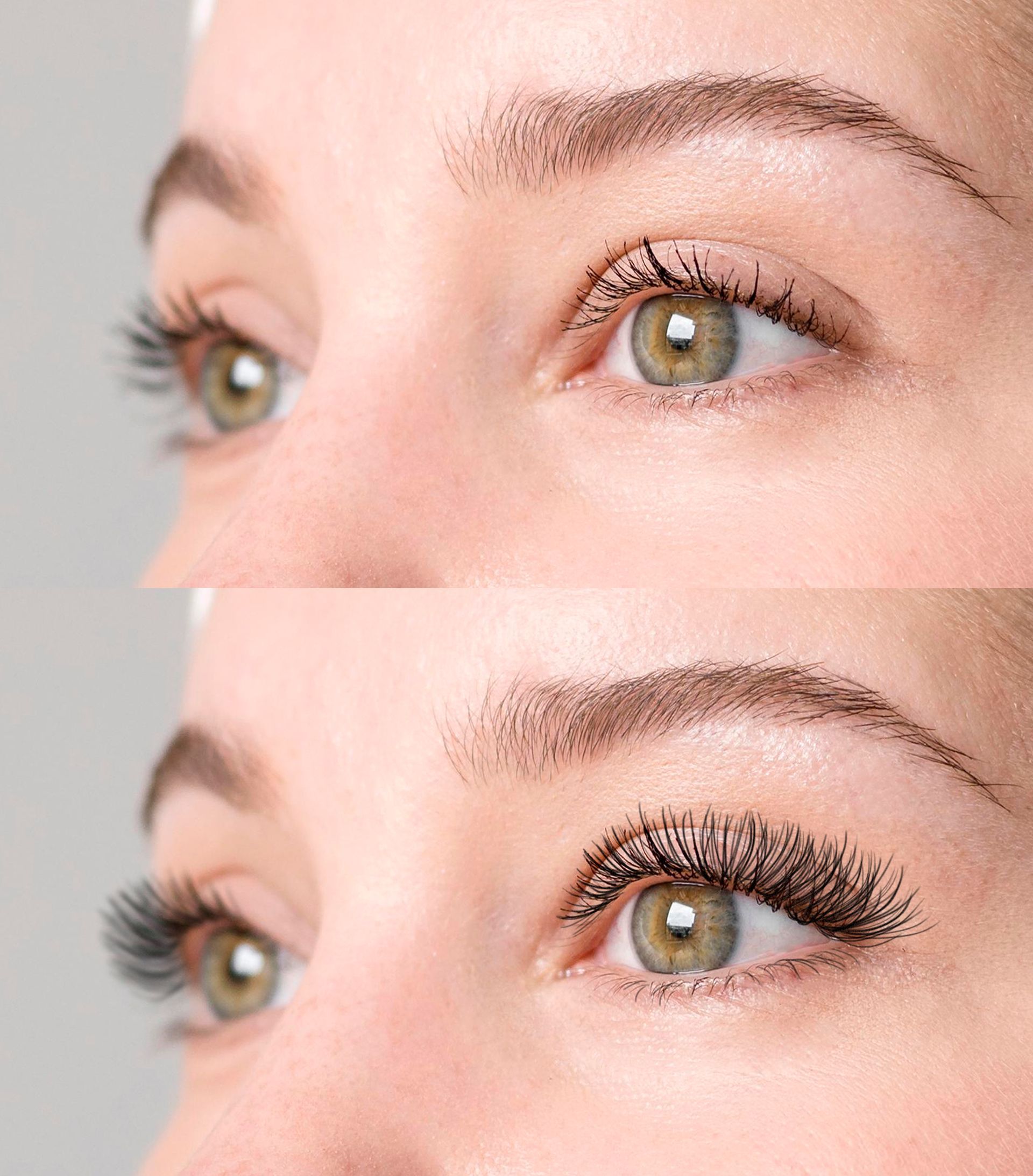 A close up of a woman 's eye lashes before and after the enhancement.