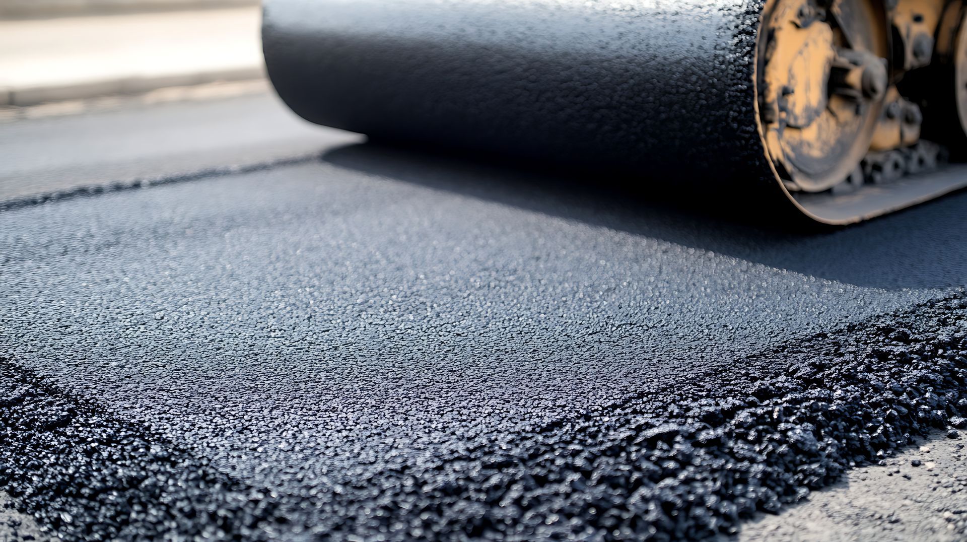 Asphalt contractor paving fresh blacktop with roller machine for smooth driveway surface. Asphalt contractor paving fresh blacktop with roller machine for smooth driveway surface.