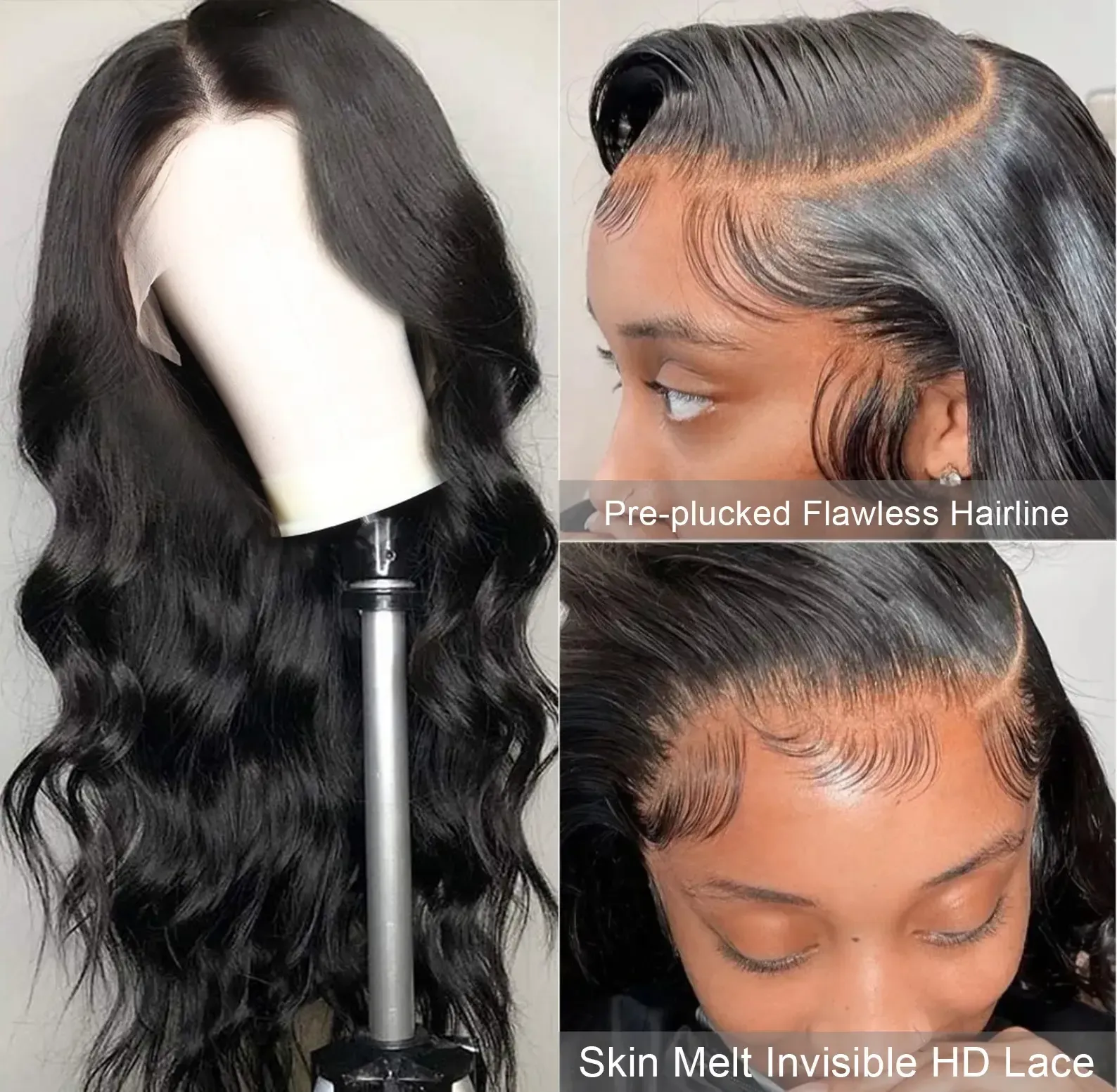A woman is wearing a lace front wig with a pre plucked flawless hairline.