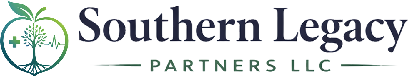 Logo for Southern Legacy Partners LLC featuring a tree inside an apple outline with a medical cross and heartbeat line.